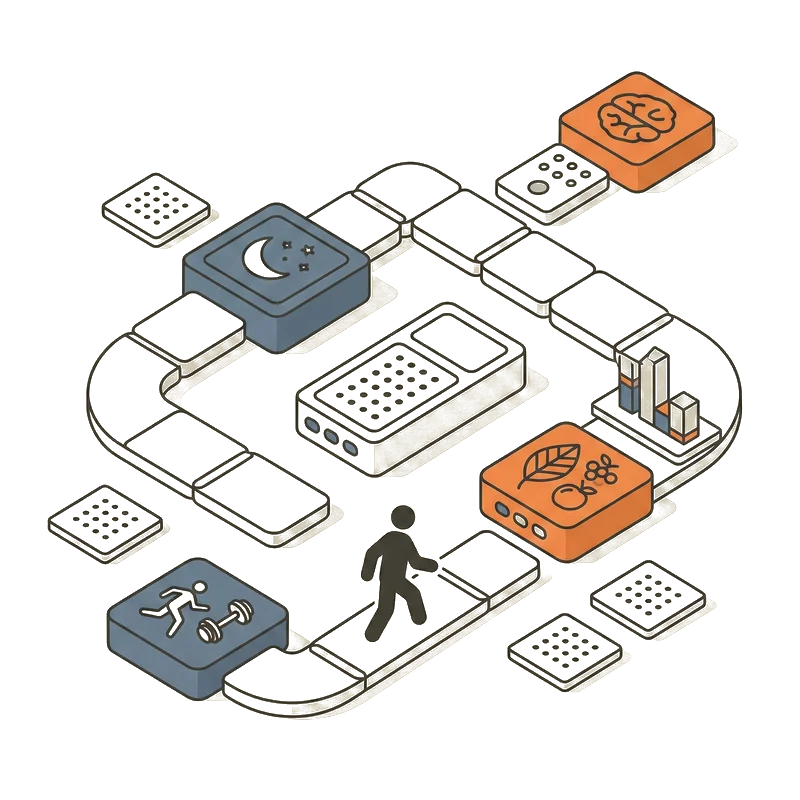 Illustration of a person walking a wellness path through modular health pillars