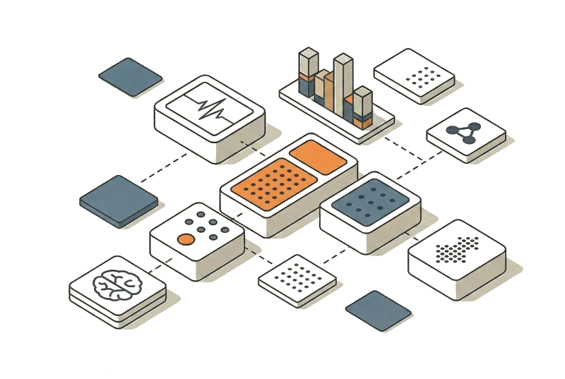 Modular wellness dashboard illustration showing interconnected health metrics